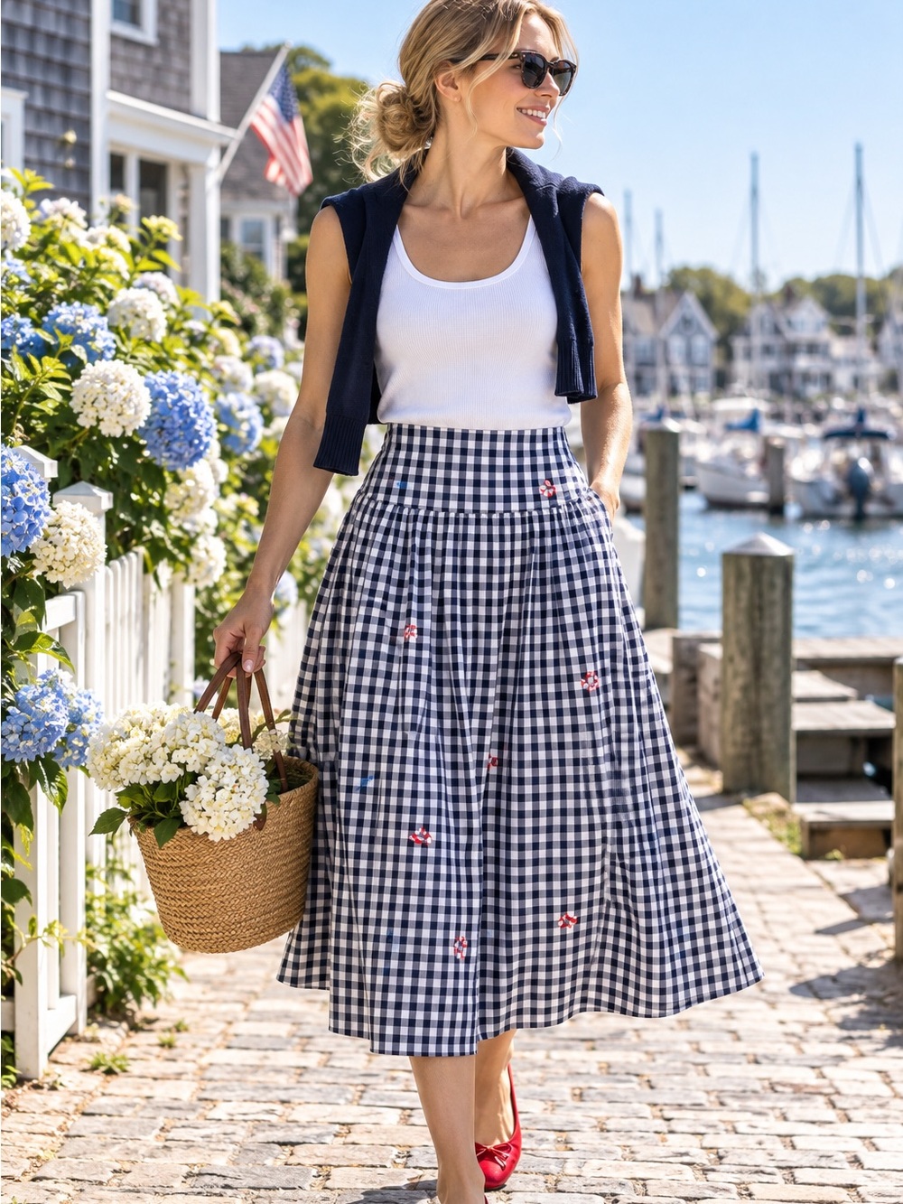 FREE ASSEMBLY Navy and White Gingham Preppy Nautical Embroidered Skirt, 16
